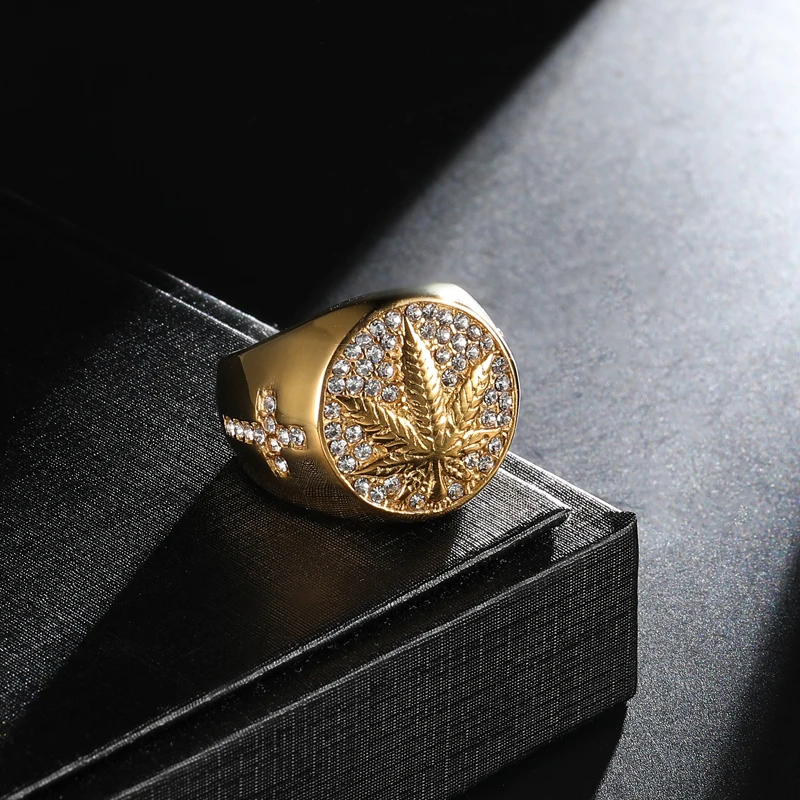 D&Z Iced Out Bling микро проложили Кристалл травка кленовый лист кольцо из нержавеющей стали кольца для мужчин хип хоп рэппер ювелирные изделия