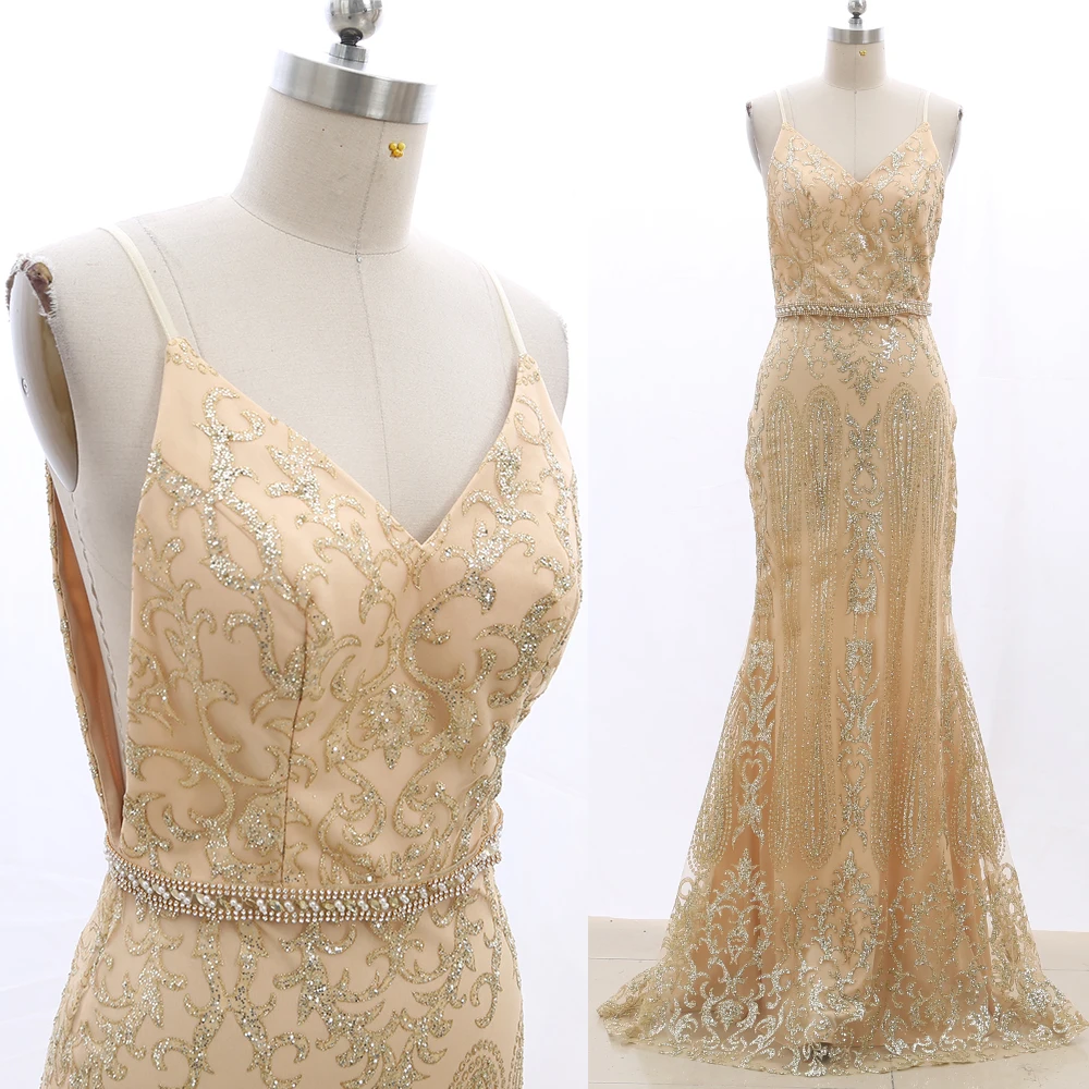 

Gold S Sexy Women Tulle Appliques Spaghetti Strap Mermaid Beading Long Dresses 20210222-008