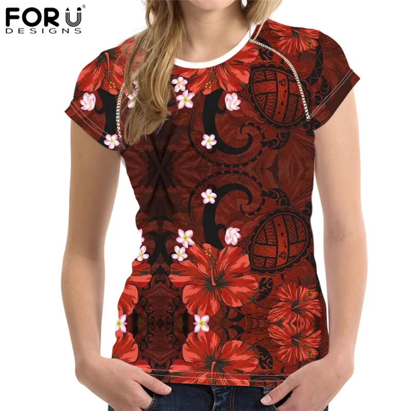 

FORUDESIGNS Hawaiian Sea Turtle Pattern Summer Fashion Short Sleeves Tees For Female Hibiscus Flowers Design Round Neck Shirts