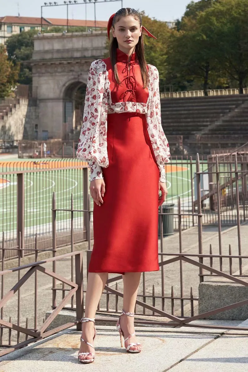 

Designer New Fashion Spring Autumn Print Stitching Shirt Tops Red Sexy Half Skirt Vintage Chic Elegant Party Casual Women'S Sets