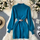 Новинка 2020, осенне-зимнее женское вязаное платье YuooMuoo, дизайнерское платье-свитер с высоким воротником и карманами в Корейском стиле с поясом, повседневное короткое платье