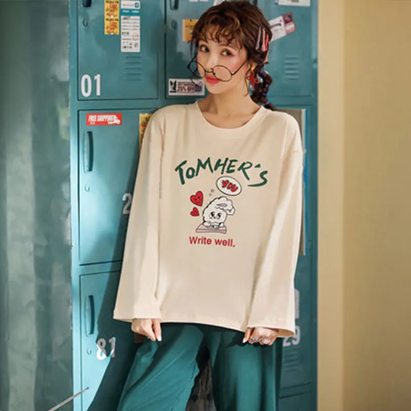 Womens Pajamas Sets Autumn Winter New Long Sleeve Cartoon Print Cute Loose Sleepwear Girl Pijamas Mujer Leisure Nightgown Women