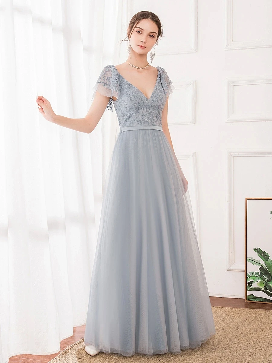 

Deep V Neckline Ruffle Sleeve A-Line Lace Tulle Wholesale Bridesmaid Dresses