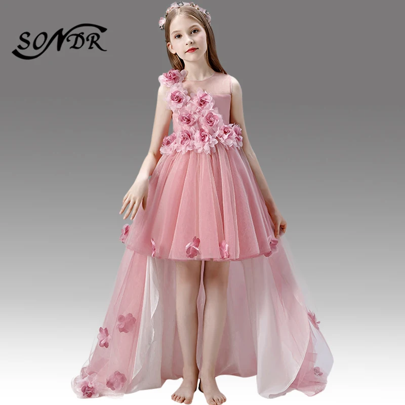Платья для девочек с розовыми цветами вечерние НКИ и свадьбы HT075 аппликация на