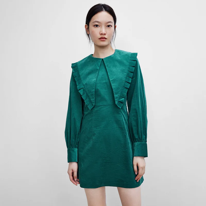 

Casual Ruffles Mini Dress Female Fashion Corduroy Long Sleeve Dress Spring 2022 Vintage Ruffles Straight Dress Oversized