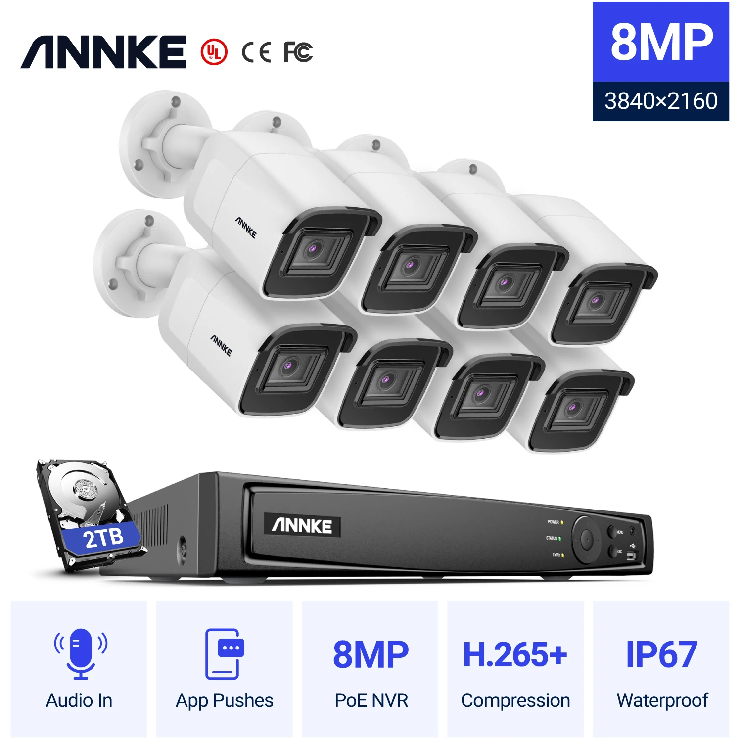 Сетевая Видеосистема ANNKE 8 каналов 4K Ultra HD POE Мп H.265 + видеорегистратор шт. 30 м EXIR