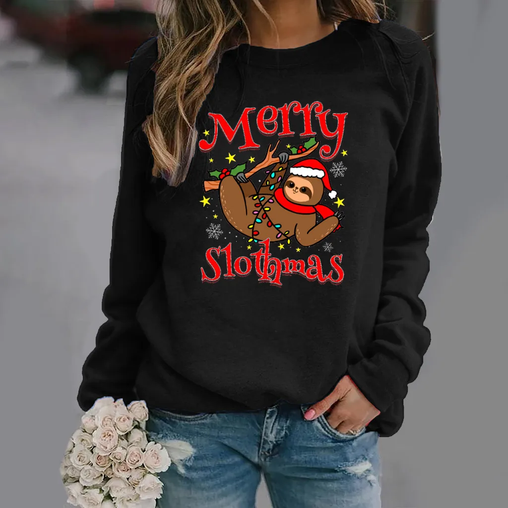 

Женская толстовка с надписью Merry Slothmas, худи с принтом, Женская флисовая Свободная Толстовка с длинным рукавом и круглым вырезом, пуловеры дл...