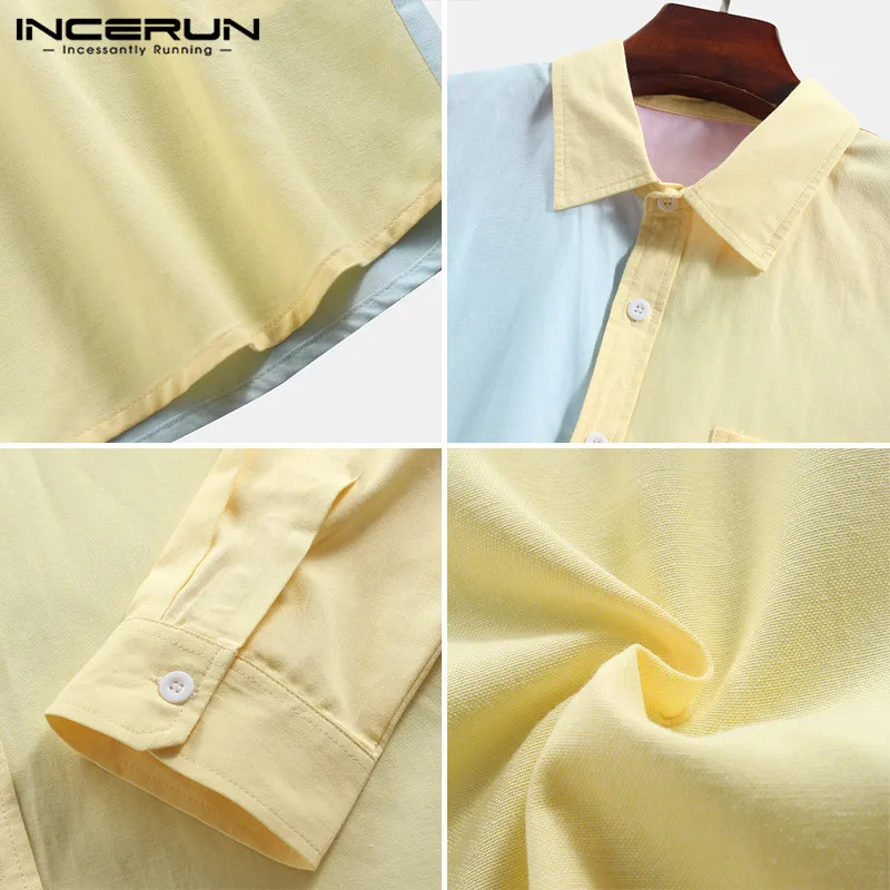 

Men Stitching Shirts INCERUN Autumn Patchwork Long Sleeve Lapel Camisa Man Leisure Button Up Chemise Breathable Blusas Plus Size
