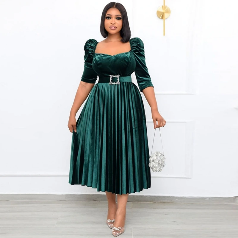 

No Belt Women 3/4 Sleeve Midi Dresses African Solid Color Abaya Ankara Robes Shirring Dress Elegant Clothes Wedding Party Gown