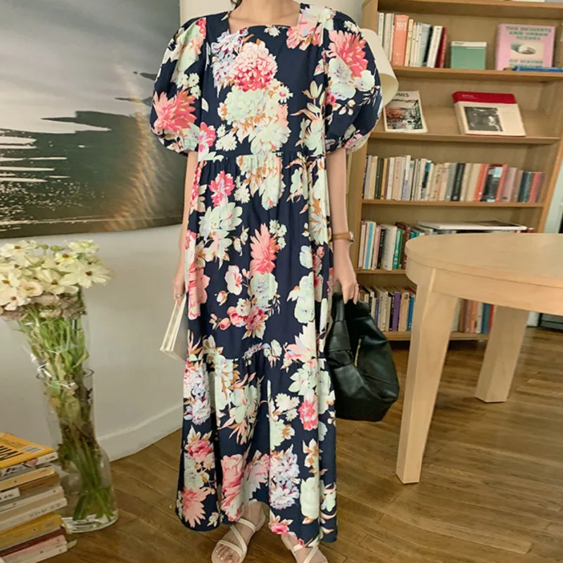 

Fashion Print summer woman dress Square collar High Waist Casual holiday dresses women puff Sleeves A-Line vestidos 2021