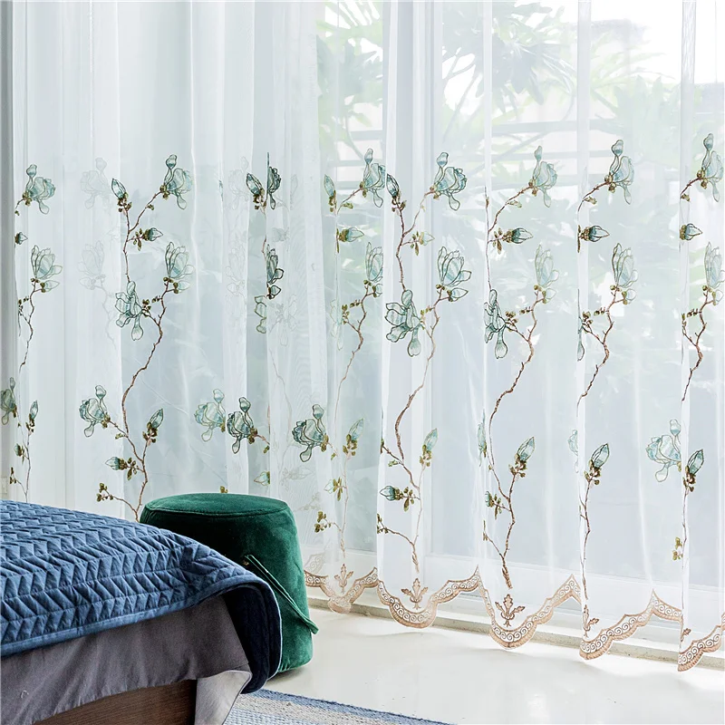 Элегантные тюлевые шторы с голубыми цветами и вышивкой для гостиной легкие