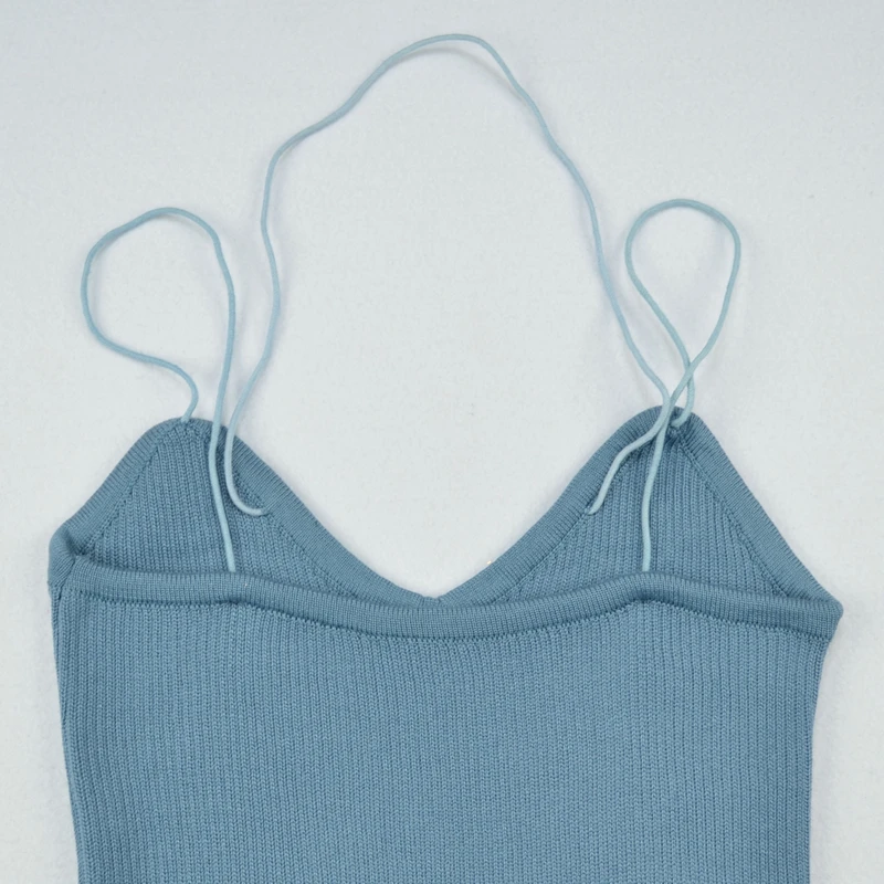

Spaghetti Strap Dress for Women Slim Sexy Sleeveless 2020 Summer New Blue Knitted Halter Bottoming Mini Sweater Dresses Female