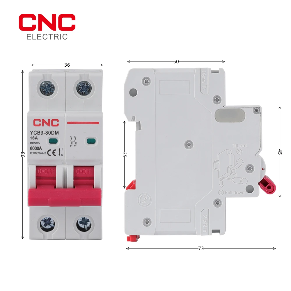 CNC YCB9-80DM 2P DC MCB 6KA 500V Mini автоматический выключатель 16A 20A 25A 32A 40A 50A для системы PV |
