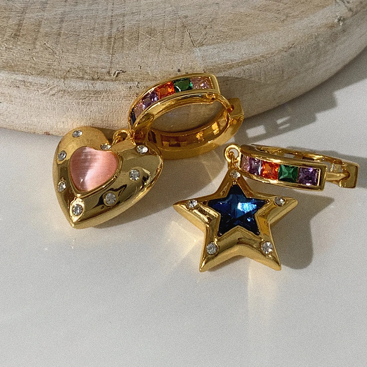 

ZN Fashion European and American Retro Pink Opal Heart-shaped Star Asymmetric Earrings For Woman Jewelry Accessories