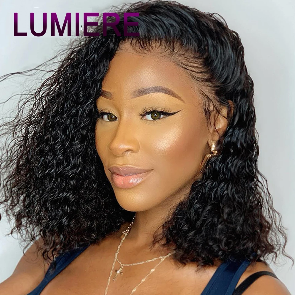 Lumiere Волосы Кудрявые кудрявые парик не-Реми короткий боб парики кружева фронта