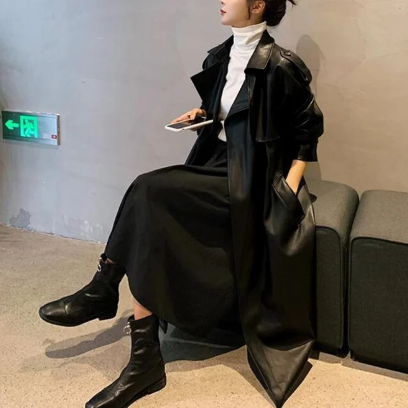 Autumn Spring Black Oversized Long Waterproof Leather Trench Coat for Women 2021 Long Sleeve Loose Korean Fashion Clothing