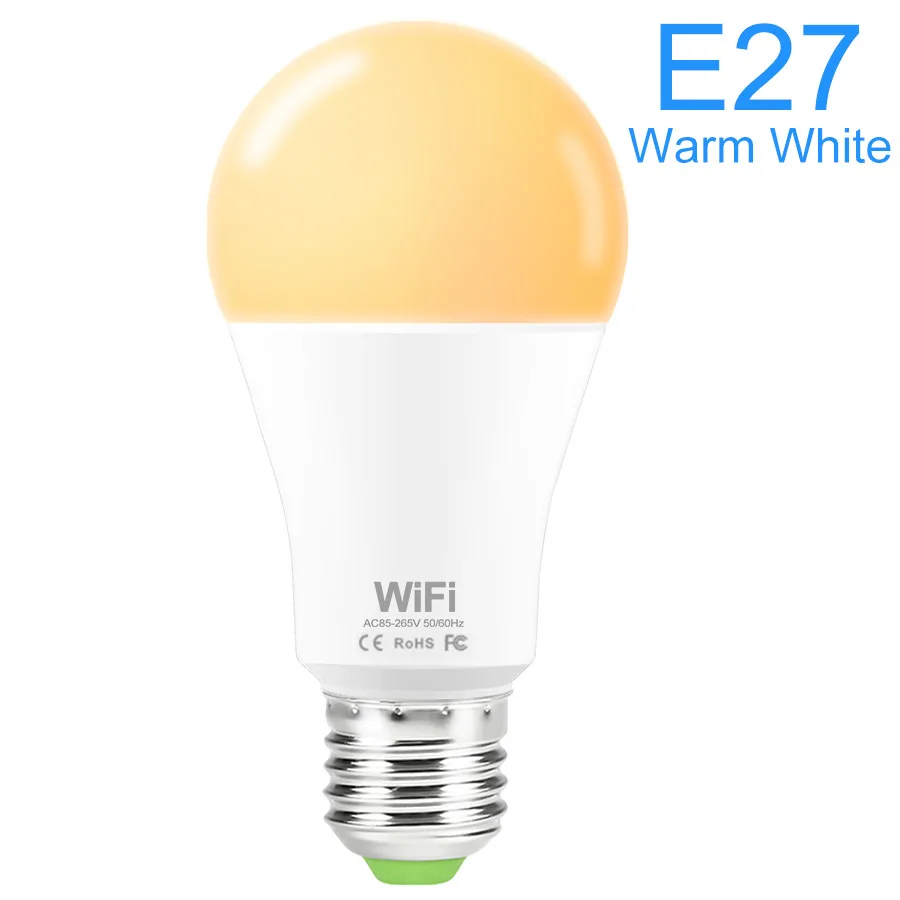 E27 Warm White Умная лампа с Wi-Fi управлением, умный светодиодный светильник 15 Вт E27, светильник с регулируемой яркостью, поддержка Amazon Alexa, Google Home, светодиодный светильник с дистанционным управлением для дома - Испускаемый цвет: E27 Warm White