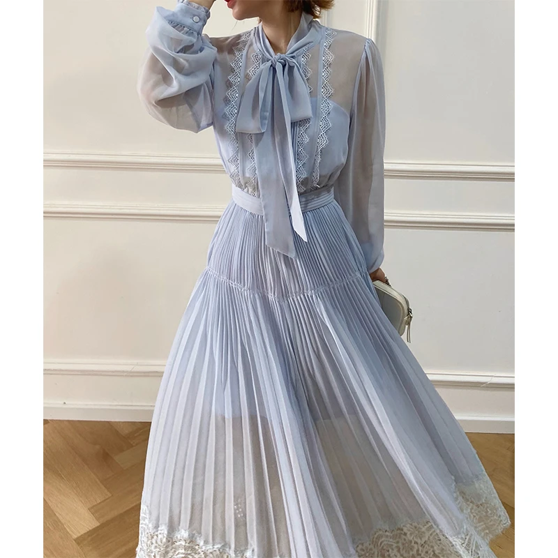 

Blue Lace Women Dress Spring 2022 Long-sleeve O-neck Party Elegant Pleated Maxi Dress Bodycon Female Runway Design Clothing