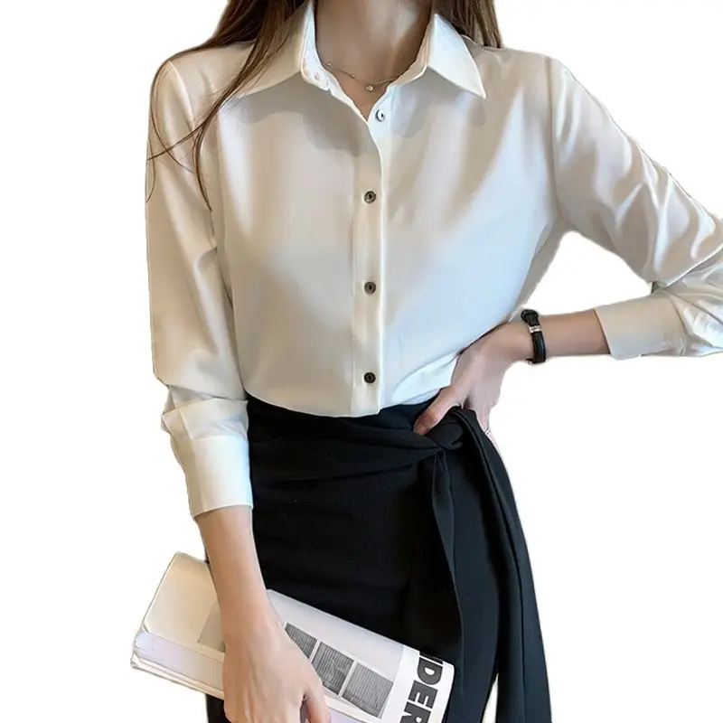 

Formal Shirts Women Office Work Long Sleeve Shirt Satin Blouse Vintage Femme Turn-down Woman Basic Shirt Top Plus Size