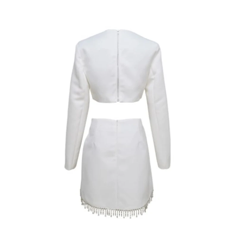 

VGH White Sexy Set For Women O Neck Long Sleeve Tops High Waist Skirt Patchwork Tassel Two Piece Sets Female Fashion New Clothes