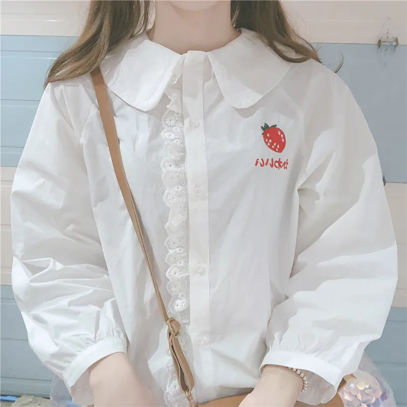 KYQIAO blusas mujer de moda Лолита рубашка Мори девушки Осень Зима японский сладкий лук Питер Пэн воротник белая хлопковая блузка блуза