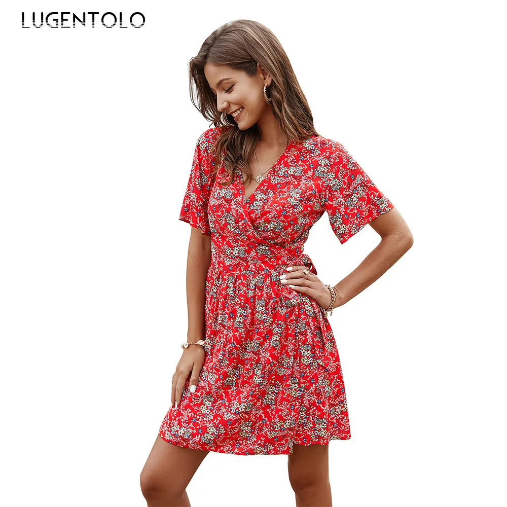 

Women Summer Dress Casual V-neck Short Sleeve Party Chic Small Flower Print Elegant Female Fashion Short Dresses Lugentolo