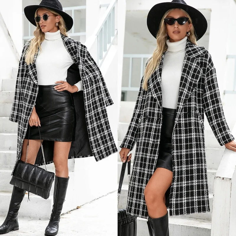 2021 tweed winter coat women Simple and Modern Suit Collar Double-breasted Long Woolen Coats plaid Trench Women's Clothing