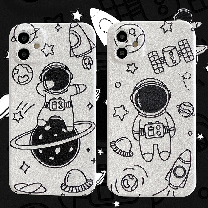 

Cartoon Line Space Astronaut Leather Case for Iphone12Pro Max 11 11Pro X XR XS 7 8Plus Satellite UFO Planet Starry Sky Backcover