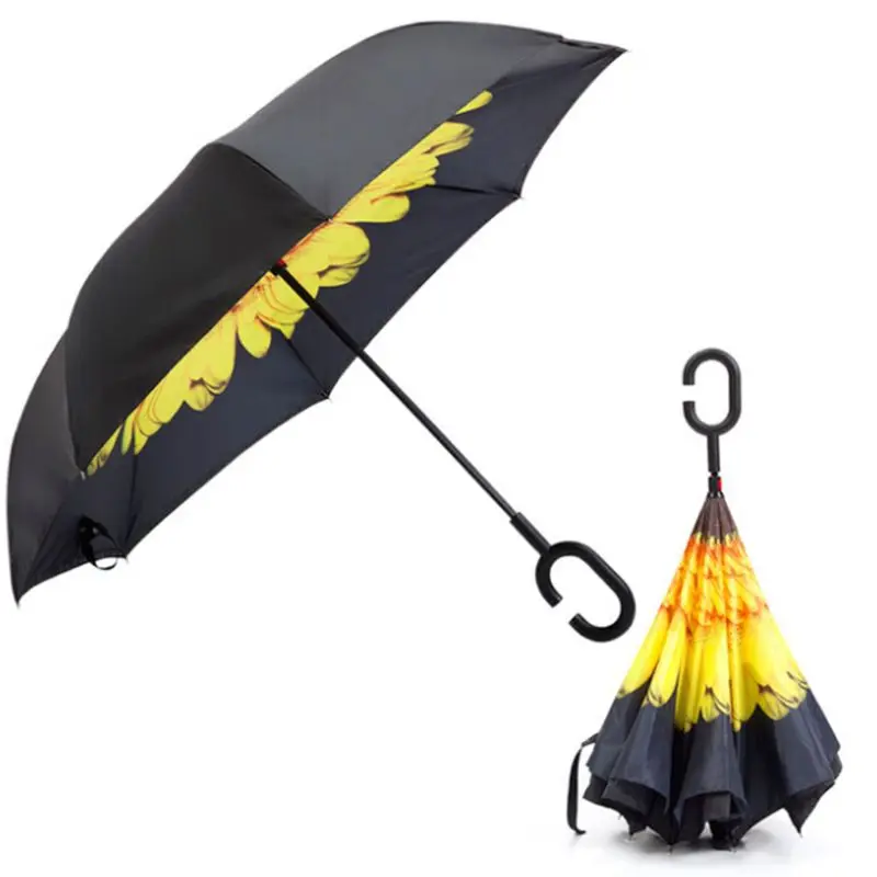 

P82C C Shaped Handle Double Layer Umbrella Anti-UV Folding Inverted Upside Down Reverse Windproof Sunflower For Travel