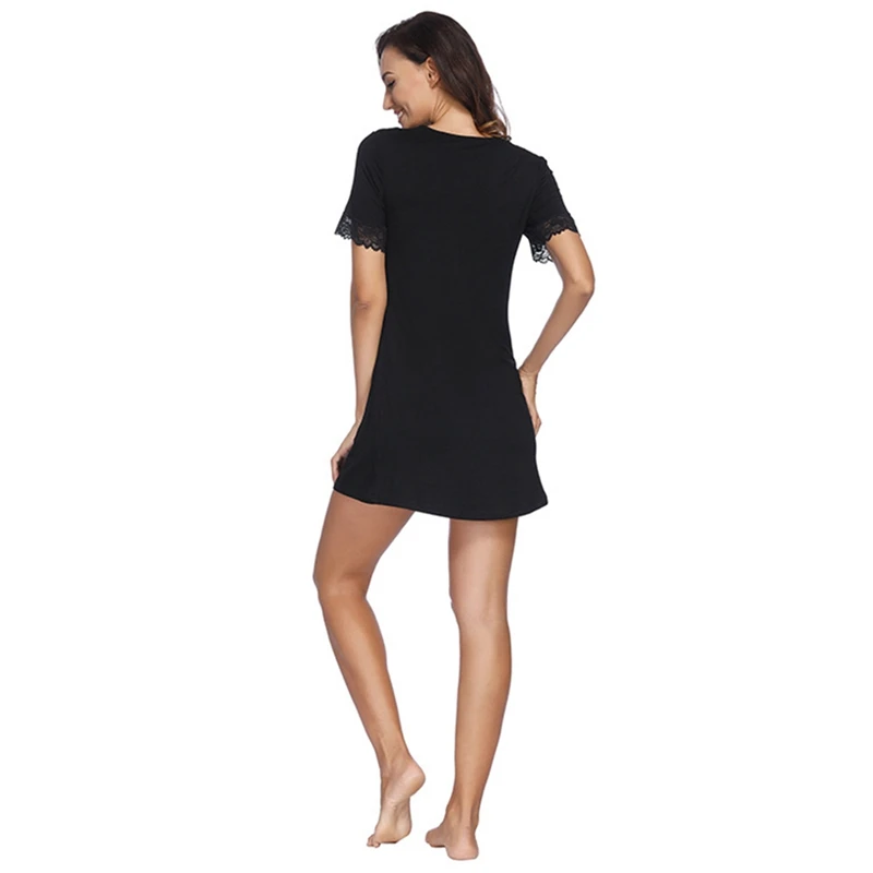 

New Sexy Cotton Solid Color Lace Stitching V Neck Short Sleeve Nightdress Lingerie Home Clothing Nightwear