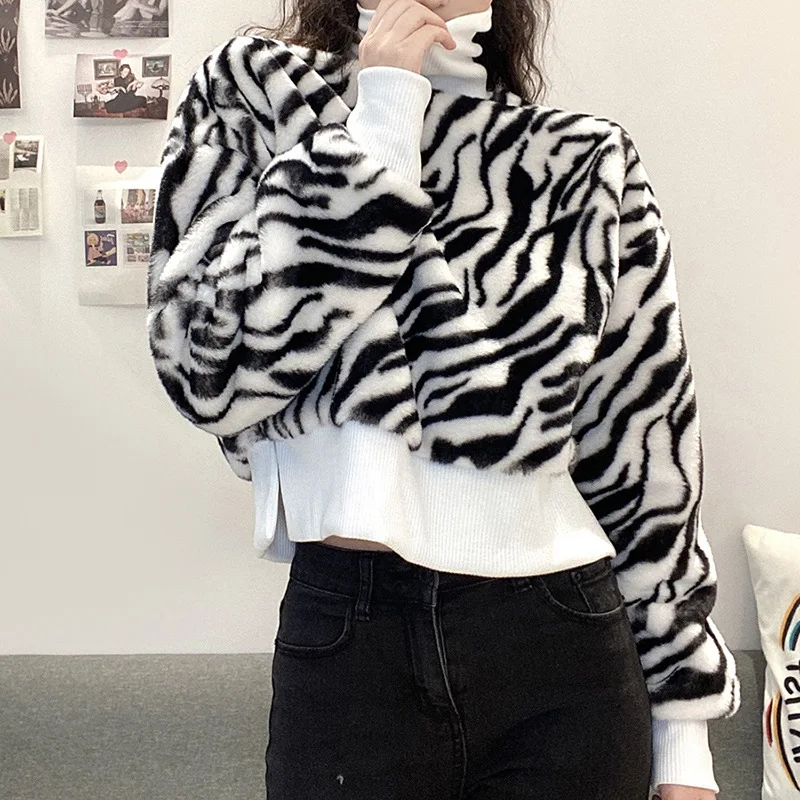 

Women Vintage Zebra Print Sweatshirts Autumn Fashion Ribbed Cuffs And Hem Long Sleeve High Collar Loose Casual Crop Pullover
