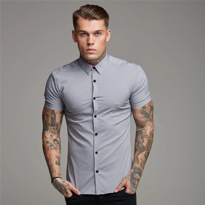 

New Summer Mens Shirts Slim Fit Button Down Short Sleeve Quick Dry Shirts Summer Casual Solid Dress Shirts Male Sports Blouse