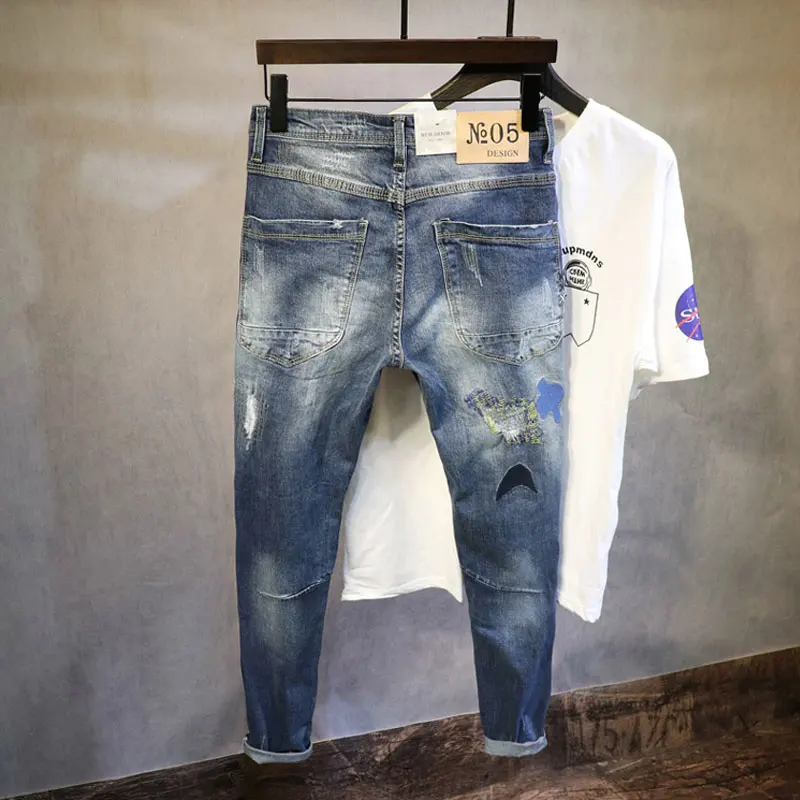 Streetwear Fashion Men Jeans Elastic Slim Fit Destroyed Ripped Jeans Men Embroidery Patches Designer Hip Hop Denim Punk Pants