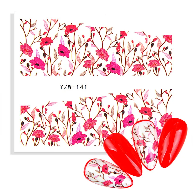 Водные Переводные наклейки для ногтей с фиолетовыми цветами картинки зелеными