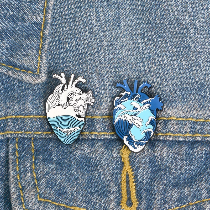

Blue Ocean Wave Organ Heart Enamel Pin Brooch Blue Sea Whale Human Heart Lapel Pins Badges Fashion Denim Jackets Wave Jewelry