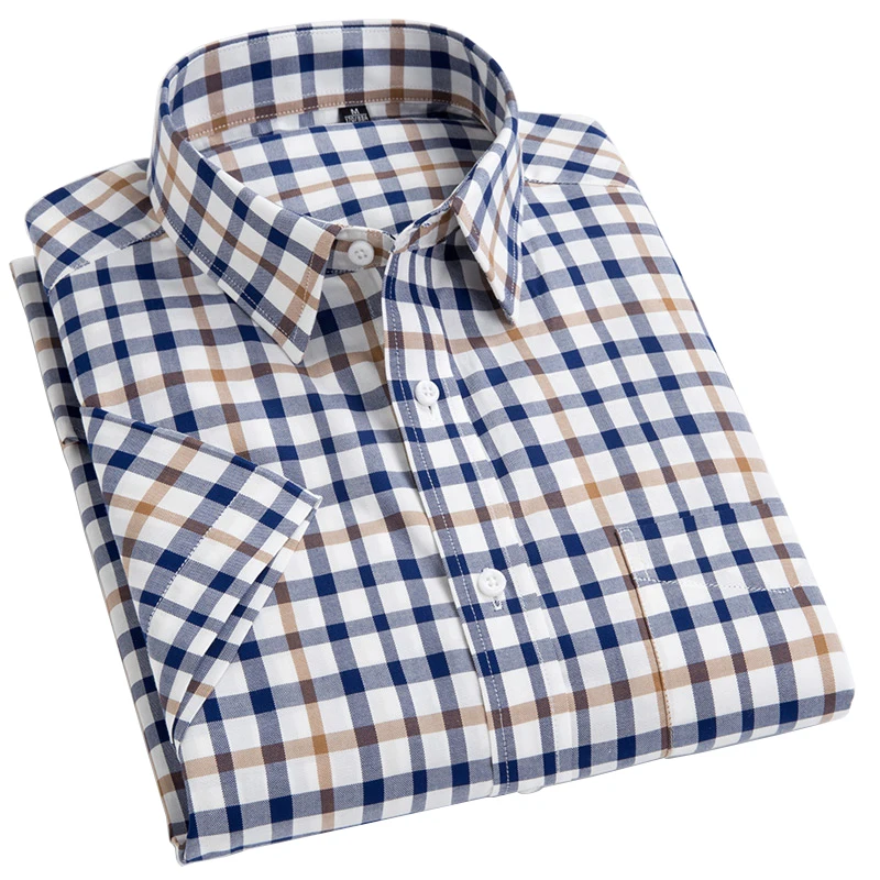 

Mens 100% Cotton Plaid Striped Short Sleeve Shirt Patch Pocket Button-down Holiday Summer Fashion Casual Checkered Thin Shirts
