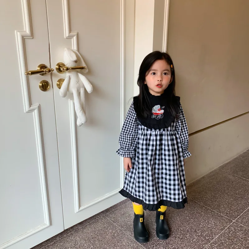 

Autumn Girl's Long-Sleeved Dress 2020 New Girls Fashion Cotton Plaid Dress Embroidered Plaid Splicing Baby Girl Princess Dress