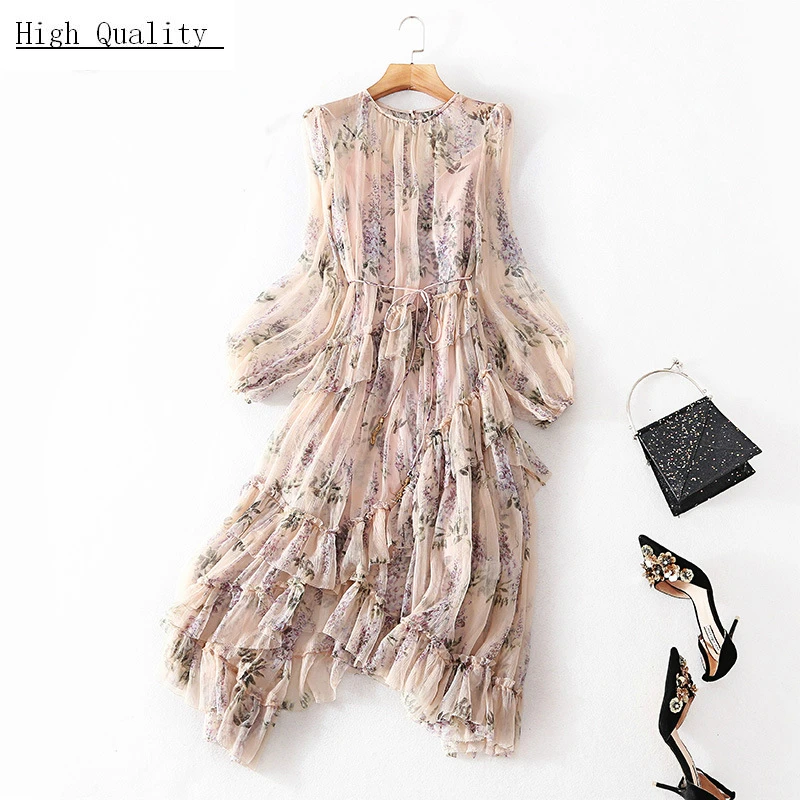 100% натуральное шелковое женское платье с длинным рукавом весеннее цветочным