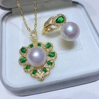 HABITOO Gorgeous Natural 10-11mm White Perfect Round Pearl Crystal Cubic Zircon Pendant 18k Filled Gold Chain Necklace Rings Set