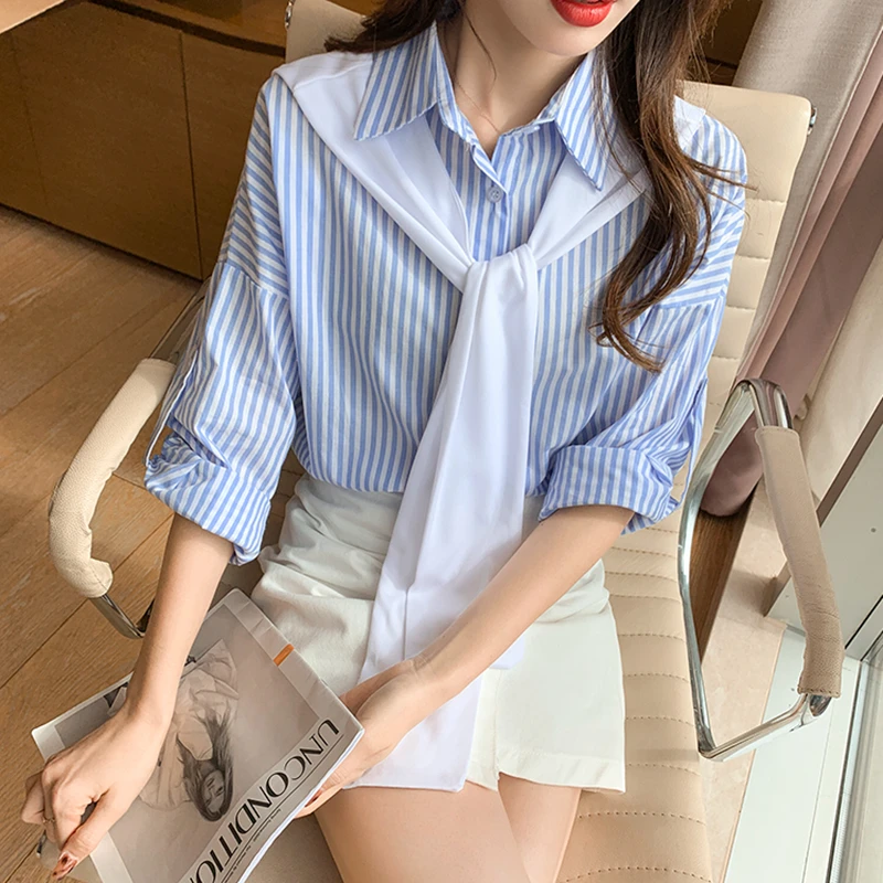 

Blouses Women Shawl Blue Striped Tops Casual Baggy College Mujer 2021 New Trendy Popular Long Sleeve Summer Girl Shirts