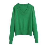 women 2021 fashion soft touch loose knitted sweater vintage v neck long sleeve female pullovers chic tops