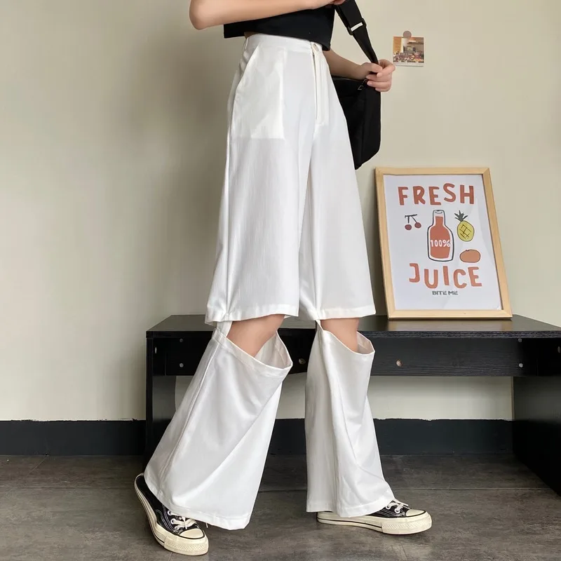 

Casual Style Summer Hollow Out Fashion Brand Straight High Waist Pants Loose Streetwear Harajuku Capris Women's Clothing New