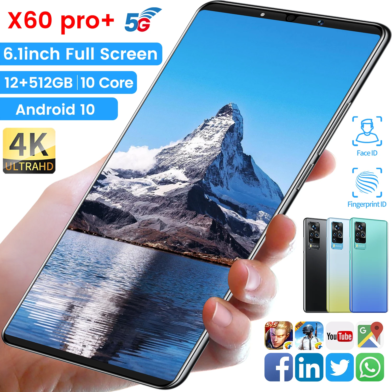 

2021 Global Version X60 Pro+ Smartphone 12+512GB 6.1Inch Dual SIM Dual Standby Support Face ID 5200mAh 4G 5G Android CellPhone