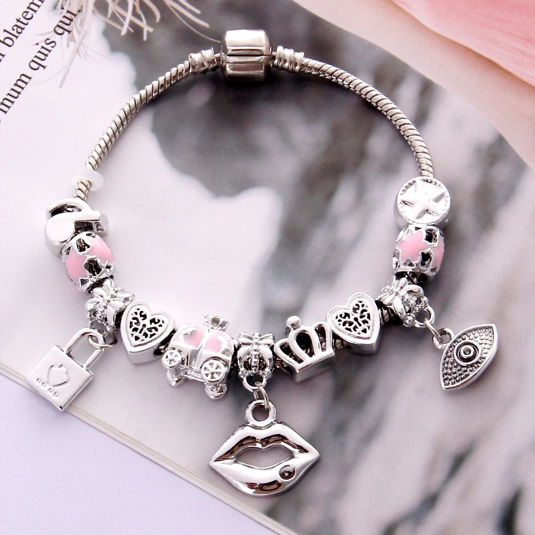 

MINHIN Silver Plated Beads Bracelet For Women Luxury Crown Love Heart Charming Bracelets Bangles Pan Jewelry Gift