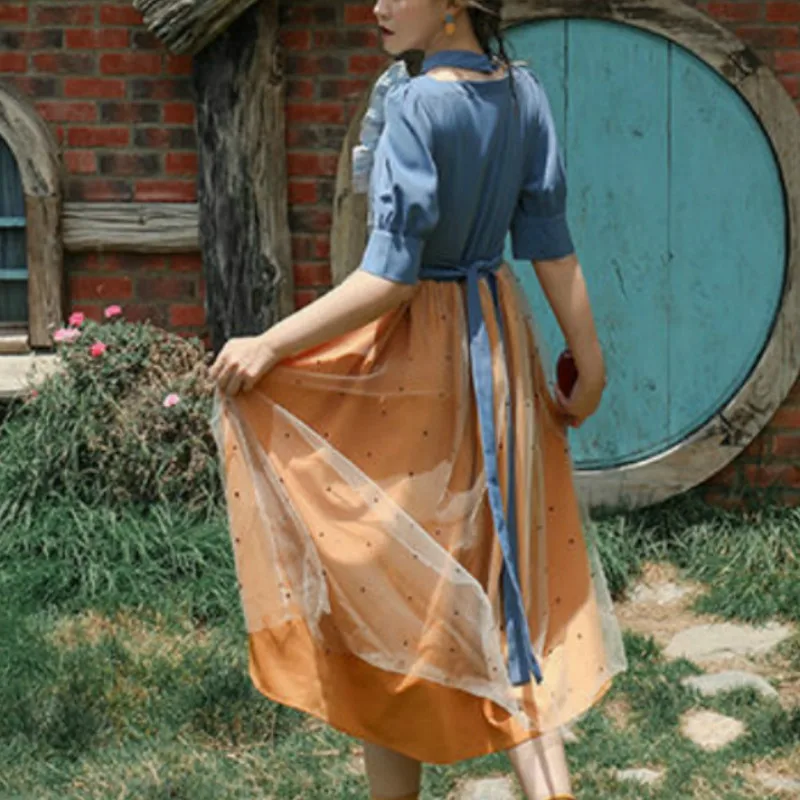 Винтажное элегантное платье Woomen квадратный воротник галстук с сеткой сказочное