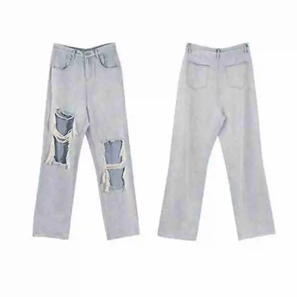 

Women Fashion Swag Ripped Jeans High Waist Hollow Out Straight-Leg Pants Boyfriend Jean Y2k Streetwear
