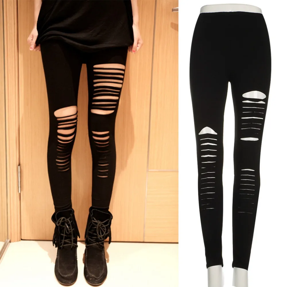 Women Solid Color Ripped Hole Cool Sexy Slim Leggings Cut Out Stretch Punk  Casual Legging for ladies 2020 Newest Trendy