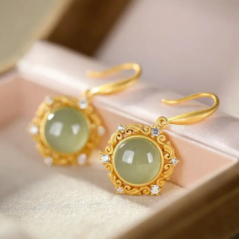 

Natural Hetian Gray Jade round Earrings Sterling Silver Gold-Plated Diamond Court Earrings Women's Fashionable Exquisite Jade Ea