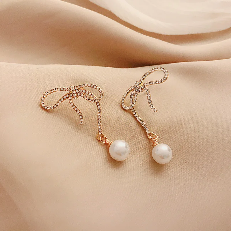 Pearl earrings feminine bow high-end personality Korean 2020 new trendy fashion elegant Fashion Stud Earrings | Украшения и