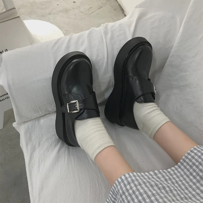 

Black Flats Women Oxford PU Leather Casual Shoes Fashion Slip On Buckle Designer Platform Shoes Woman Loafers 2021 Spring Summer